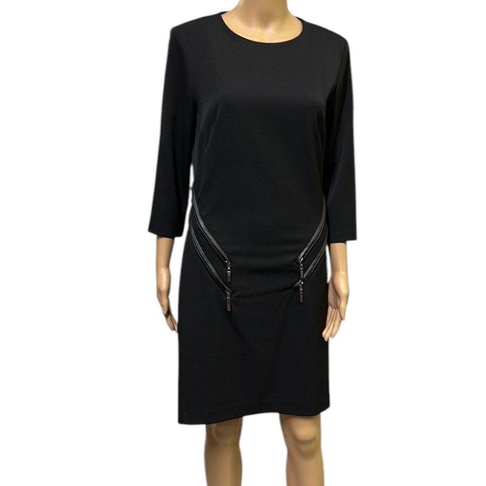 Alberto Makali Black Faux Leather Trim Zipper 3 Quarter Sleeve Dress Womens 6